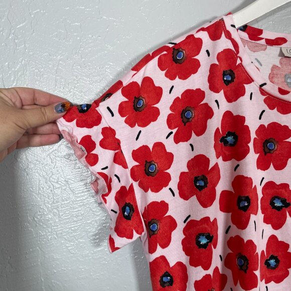 LOGO Lori Goldstein Women M Red Pink Floral Poppy Print Flutter Sleeve Shirt - Picture 5 of 11